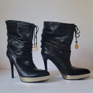 Gucci Buttery Leather Slouch Platform Boot Gold Platform High Heel Tie Detail